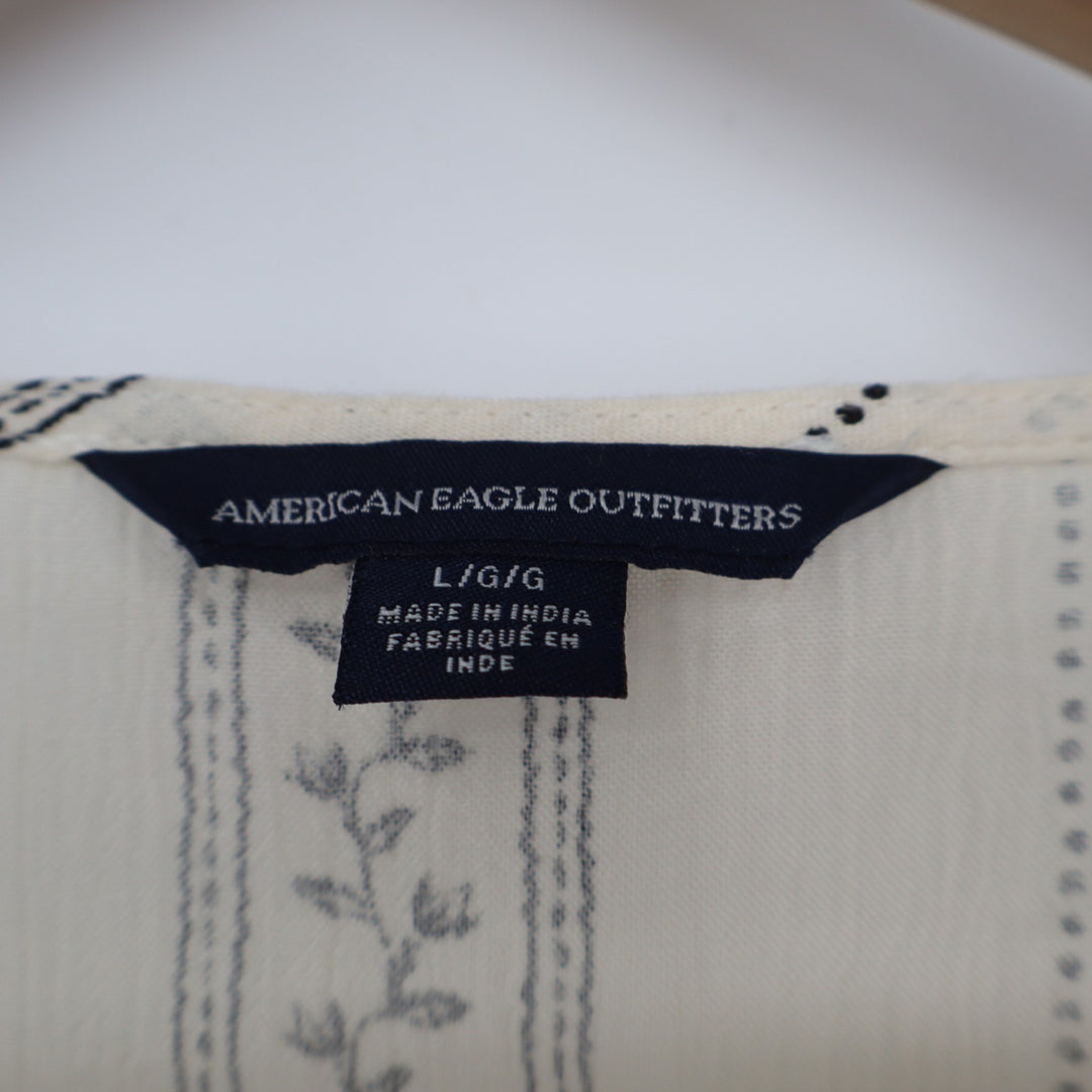 American Eagle Outfitters Boho Top Womens L Beige Striped Bell Sleeve Tie-Front