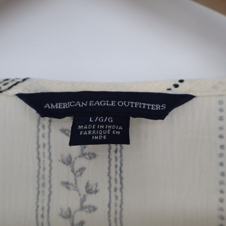 American Eagle Outfitters Boho Top Womens L Beige Striped Bell Sleeve Tie-Front