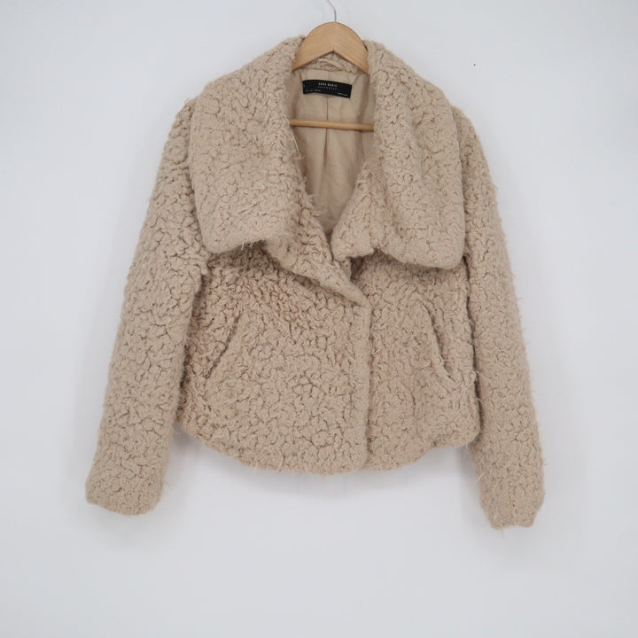 Zara Basic Tan Beige Teddy Sherpa Faux Fur Cropped Jacket Large Notched Lapel