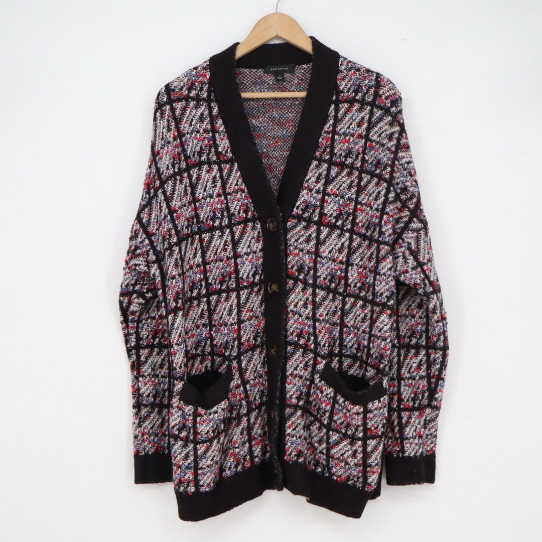 Ann Taylor Womens Large Multi-Color Windowpane Plaid Button Front Cardigan