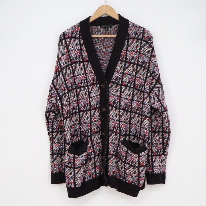 Ann Taylor Womens Large Multi-Color Windowpane Plaid Button Front Cardigan