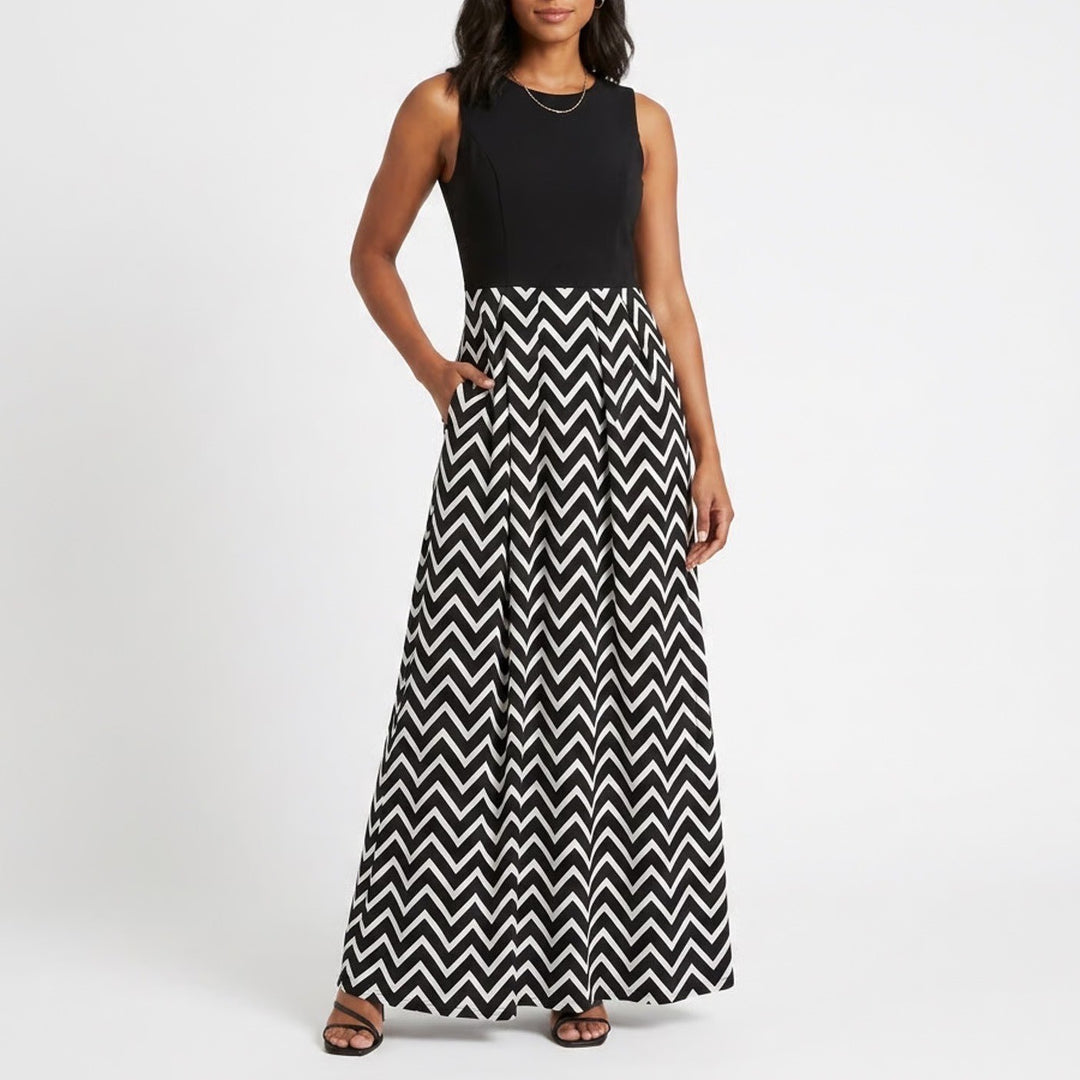 TEMT Womens Black White Chevron Maxi Dress Sleeveless Round Neck Size M