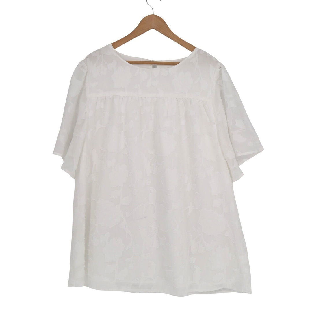 Blouse Womens 2XL White Jacquard Floral Short Sleeve Pleated Round Neck Pullover