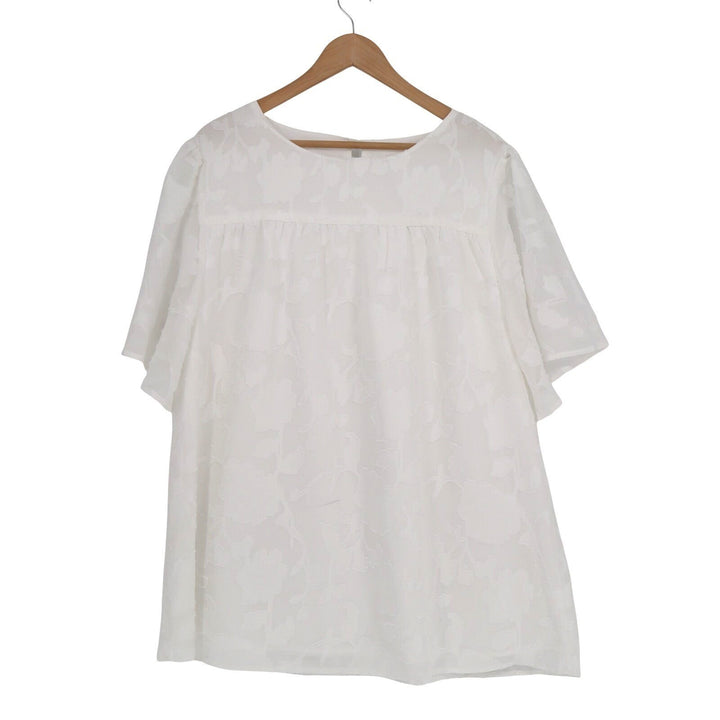 Blouse Womens 2XL White Jacquard Floral Short Sleeve Pleated Round Neck Pullover