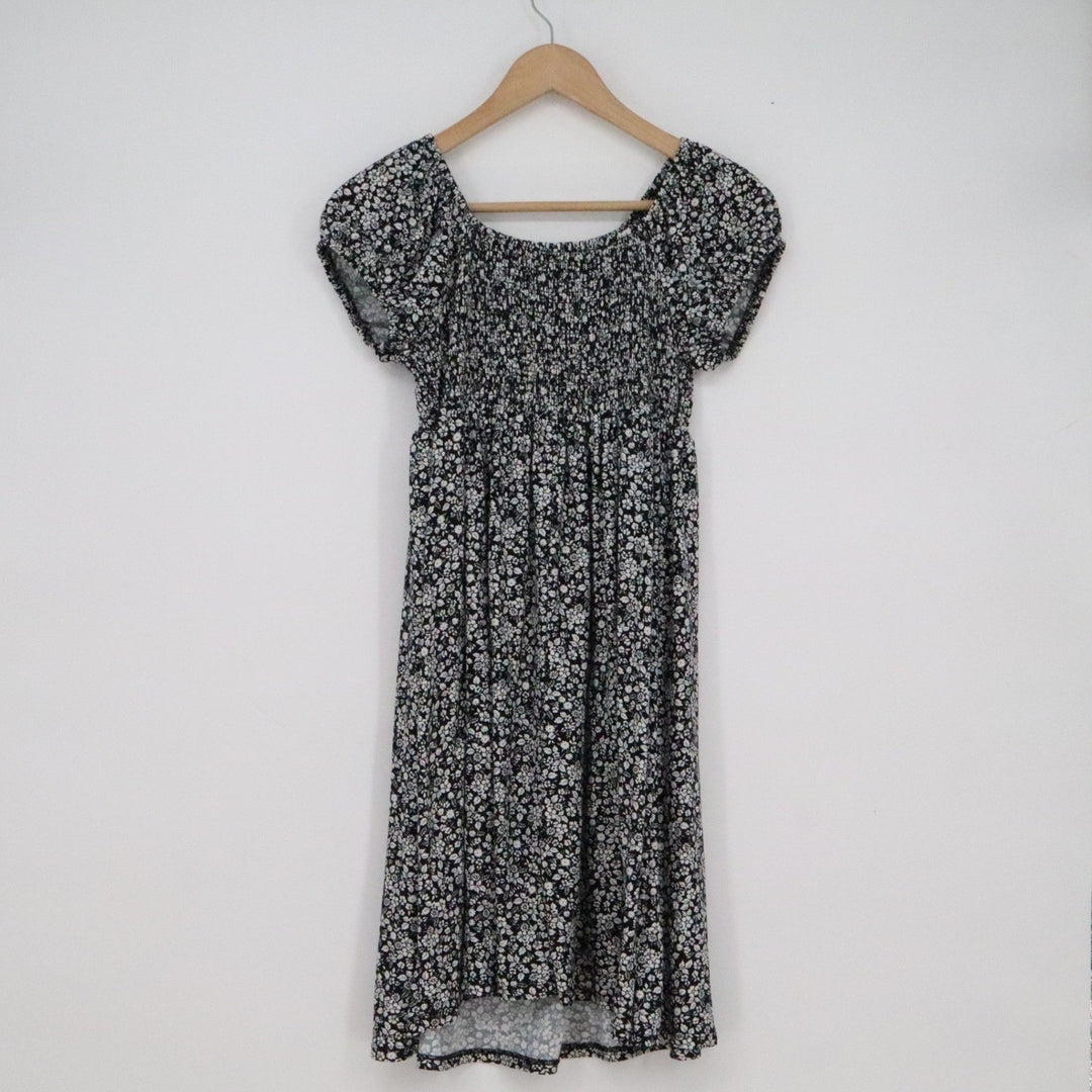 Derek Heart Maternity Smocked Floral Dress Black White Ditsy Square Neck Medium
