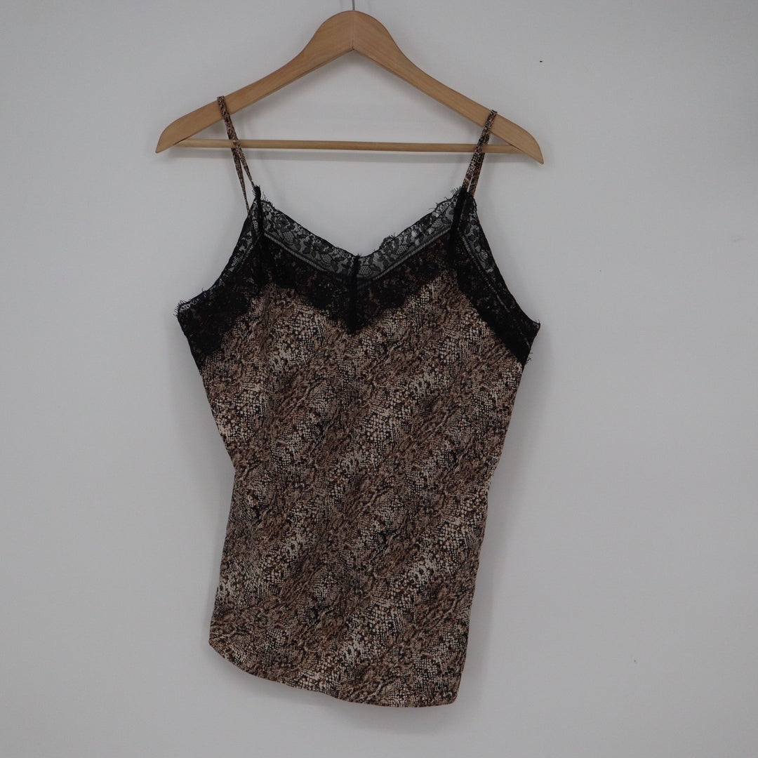 Violette Snakeskin Print Lace Trim Camisole Tank Top Brown Black Large