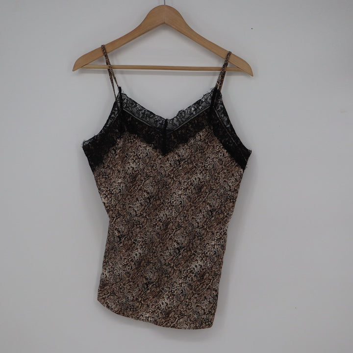 Violette Snakeskin Print Lace Trim Camisole Tank Top Brown Black Large