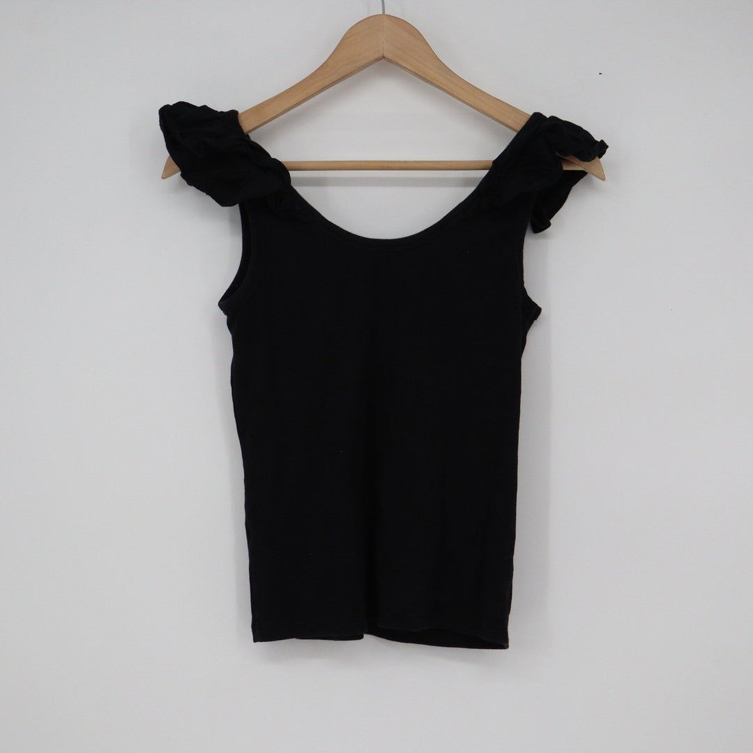 Old Navy Womens Black Ruffle Shoulder Ribbed V-Neck Tank Top Size S