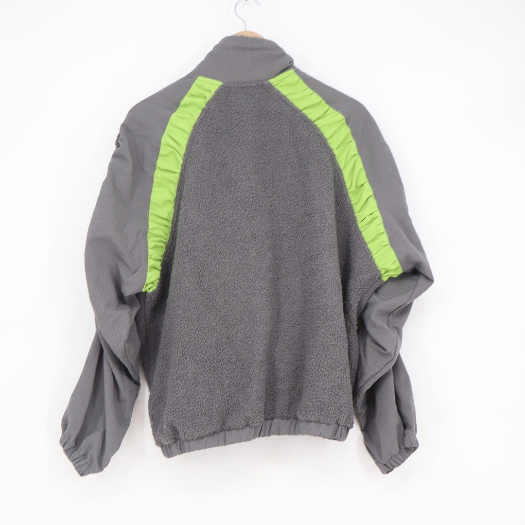 Fashion Gray Neon Green Ruched Sleeve Fleece Zip Up Jacket Medium
