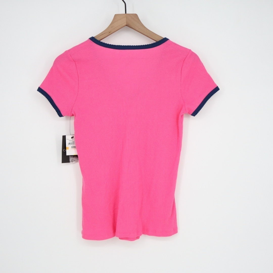 Cuddl Duds T Shirt Womens Small Pink Blue Trim Cotton Ribbed V Neck Sleepwear