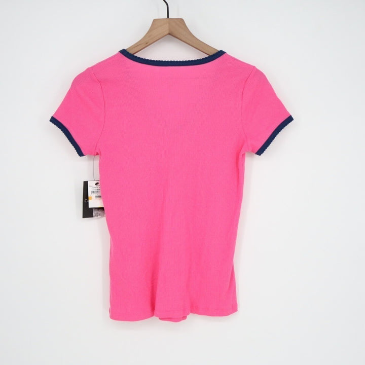 Cuddl Duds T Shirt Womens Small Pink Blue Trim Cotton Ribbed V Neck Sleepwear