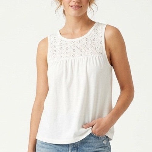 Roudelain Tank Top Womens Medium White Eyelet Detail Yoke Stretch Wide Strap