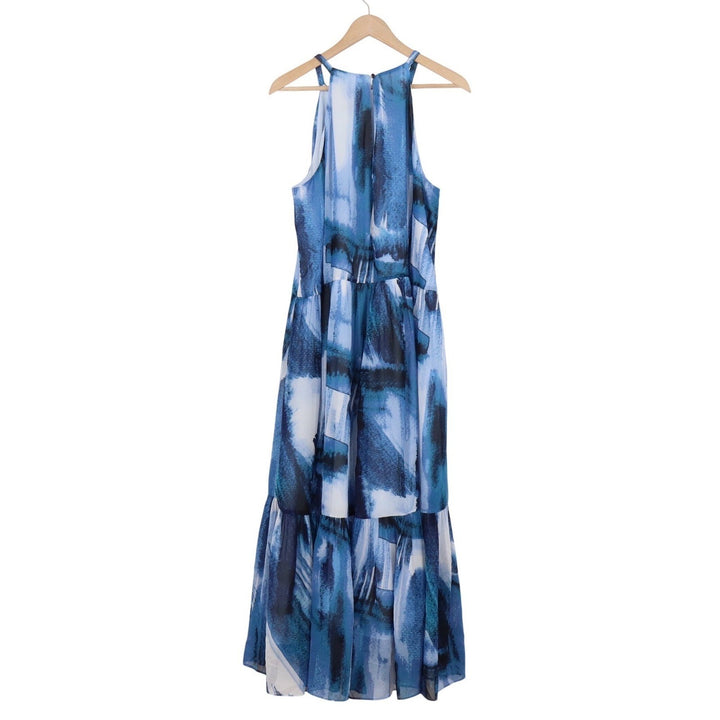 Vince Camuto Blue Abstract Brushstroke Halter Tiered Maxi Dress 20W Plus Size