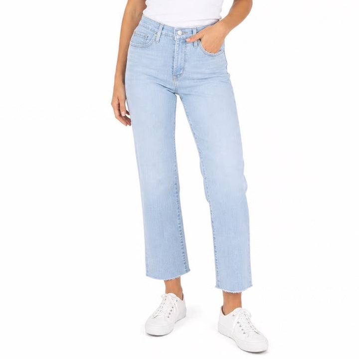 Levis 314 Shaping Straight Jeans Light Wash Blue Raw Hem Womens Size 31