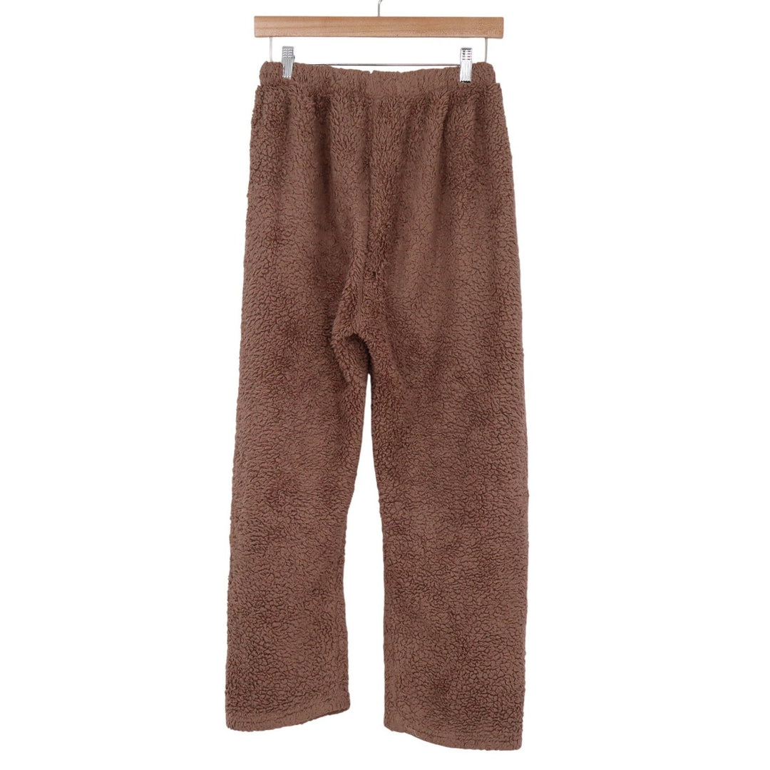 Brown Sherpa Fleece Lounge Pants Wide Leg High Waist Teddy Plush L/XL