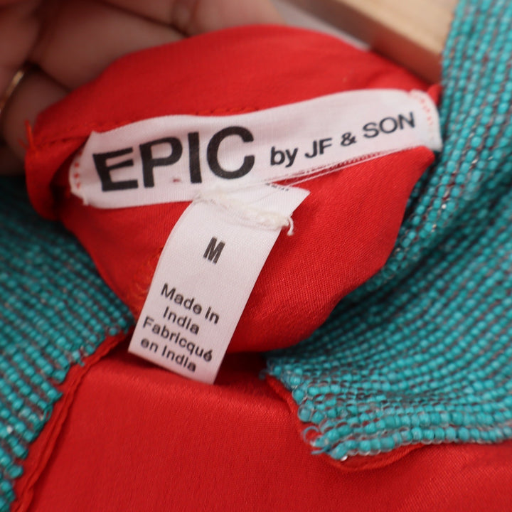 EPIC by JF & SON Red Short Sleeve Blouse Teal Beaded Peter Pan Collar Medium