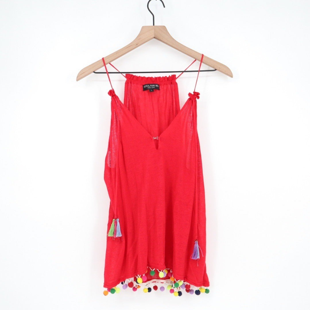 Central Park West Red Linen Viscose Tank Tassels Pom Pom Embellished Size L