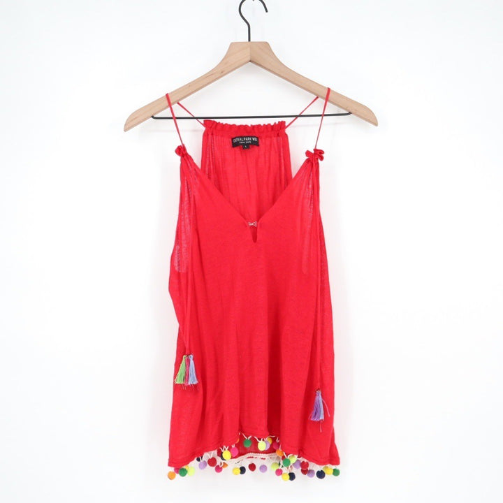 Central Park West Red Linen Viscose Tank Tassels Pom Pom Embellished Size L