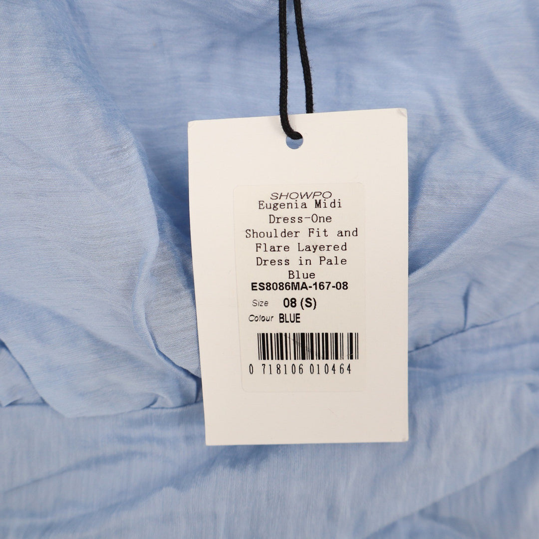 Showpo Eugenia Midi Dress One Shoulder Ruffle Tiered Pale Blue Size 4