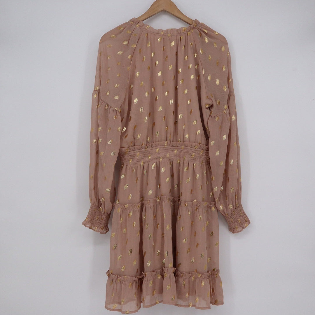 Blu Pepper Mauve Pink Gold Metallic Clip Dot Smocked Tiered Mini Dress Large