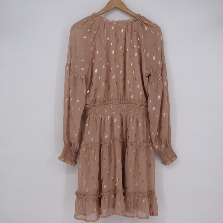 Blu Pepper Mauve Pink Gold Metallic Clip Dot Smocked Tiered Mini Dress Large