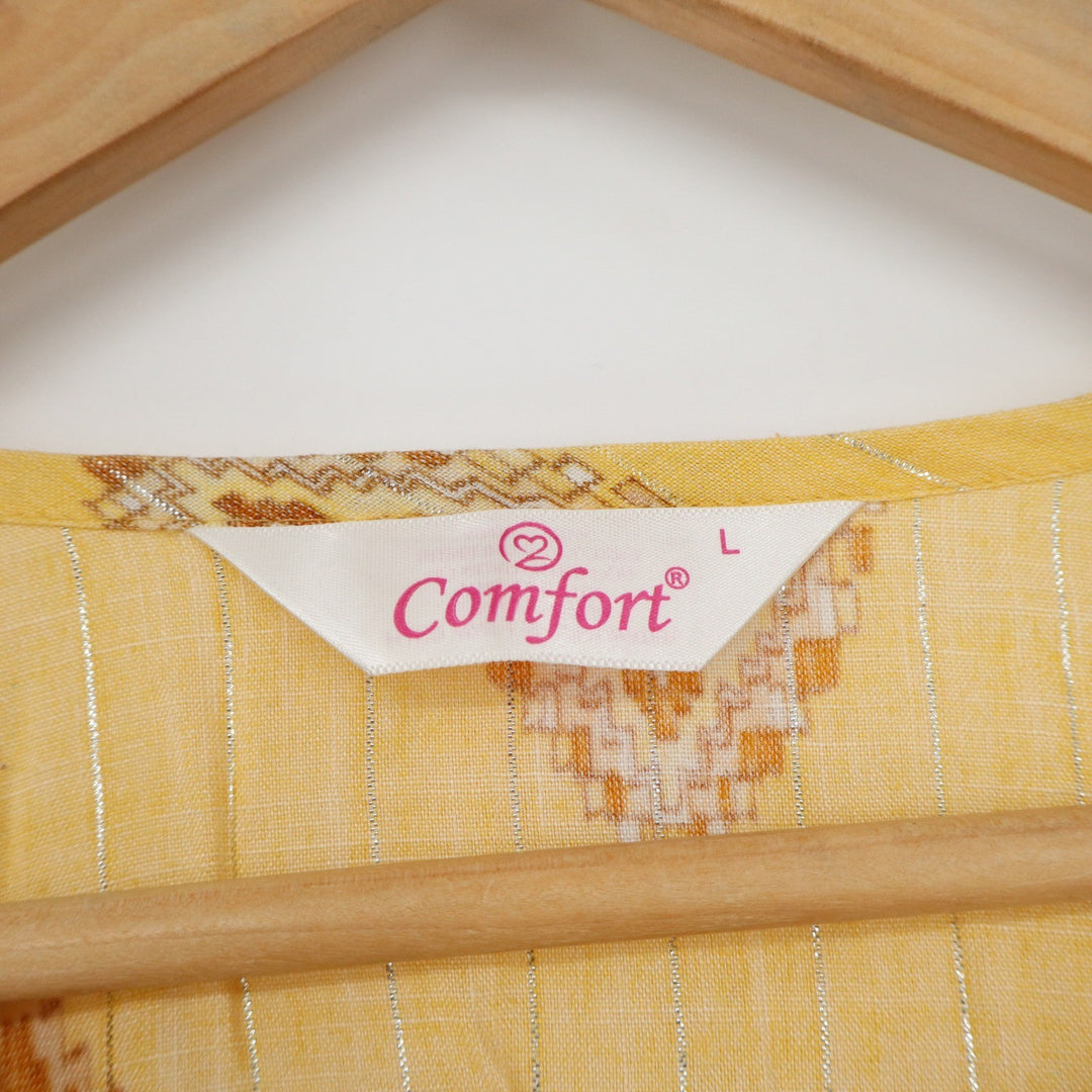 Comfort Yellow Ikat Kaftan Tunic Top Metallic Stripe Drawstring Waist Large