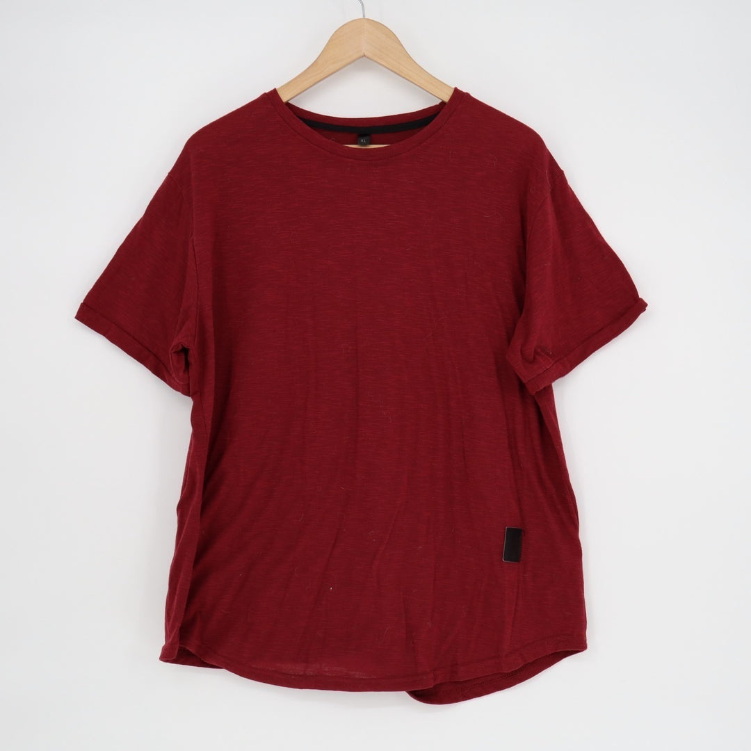 Mens T Shirt XL Maroon Short Sleeve Stretch Curved Hem Crew Neck Pullover Tee