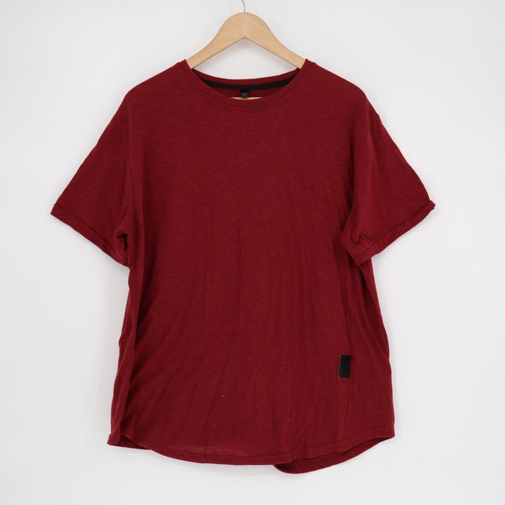 Mens T Shirt XL Maroon Short Sleeve Stretch Curved Hem Crew Neck Pullover Tee