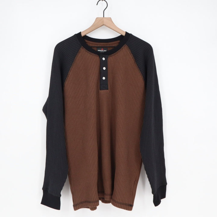 American Giant Shirt Mens XL Cocoa Black Colorblock Waffle Knit Henley Neck