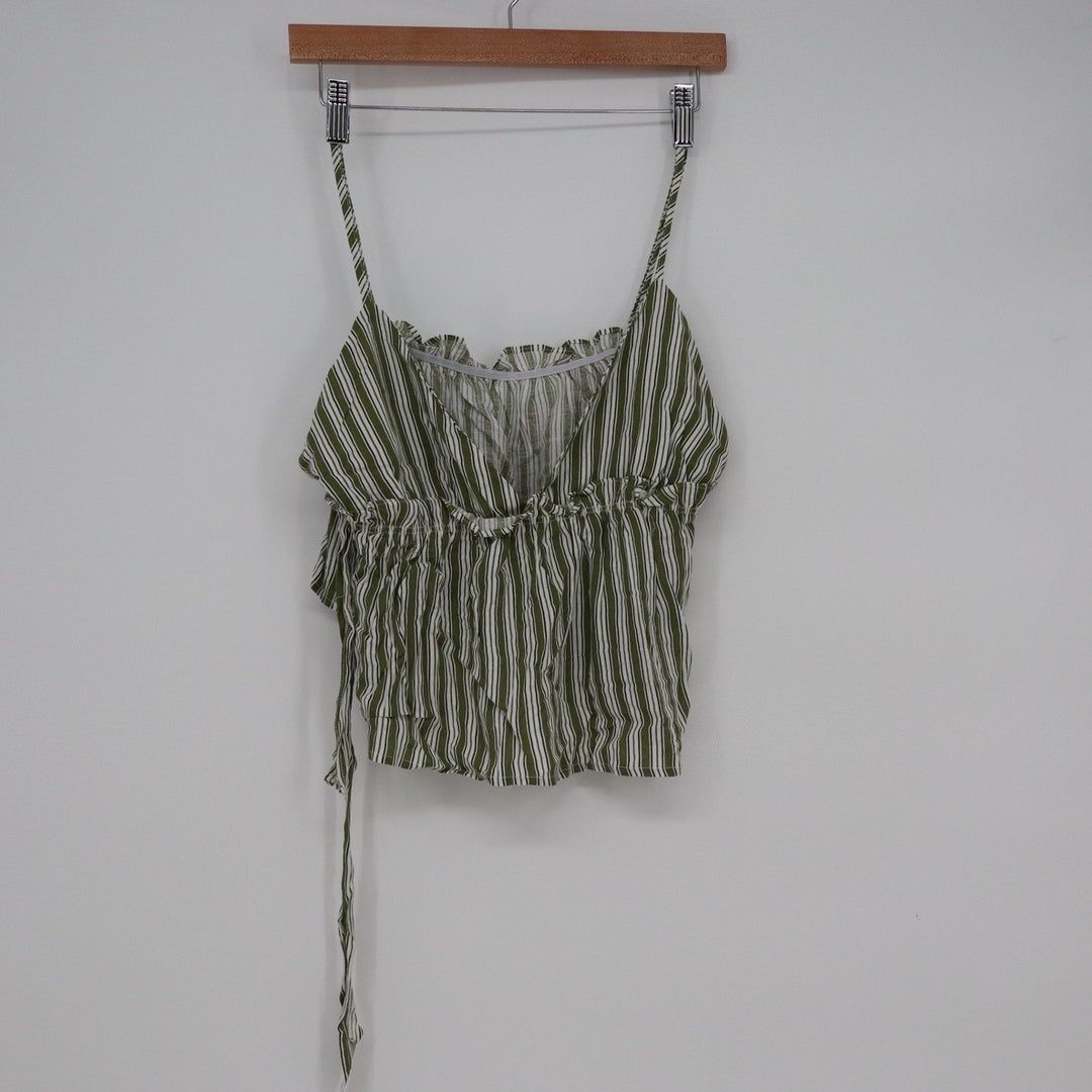 Shein Green White Striped Ruffle Camisole Crop Top Side Tie Size L