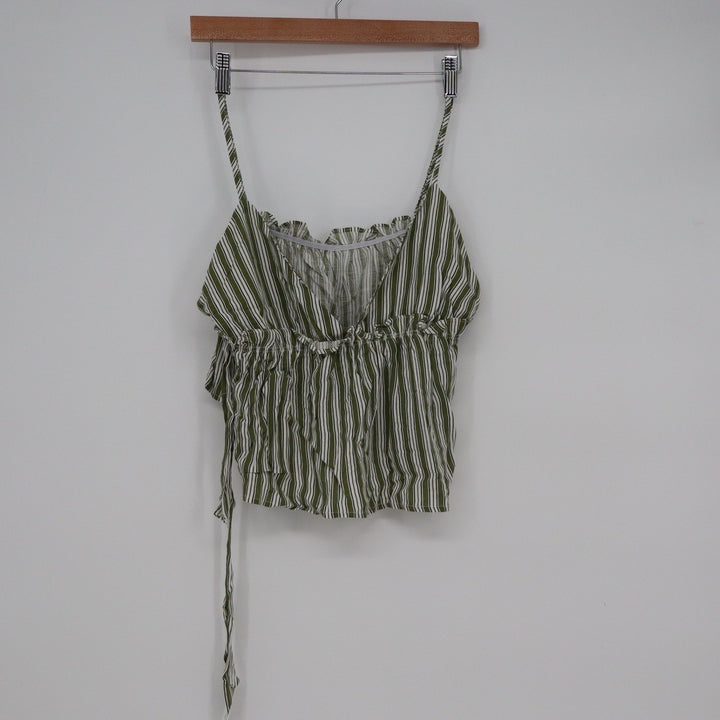 Shein Green White Striped Ruffle Camisole Crop Top Side Tie Size L
