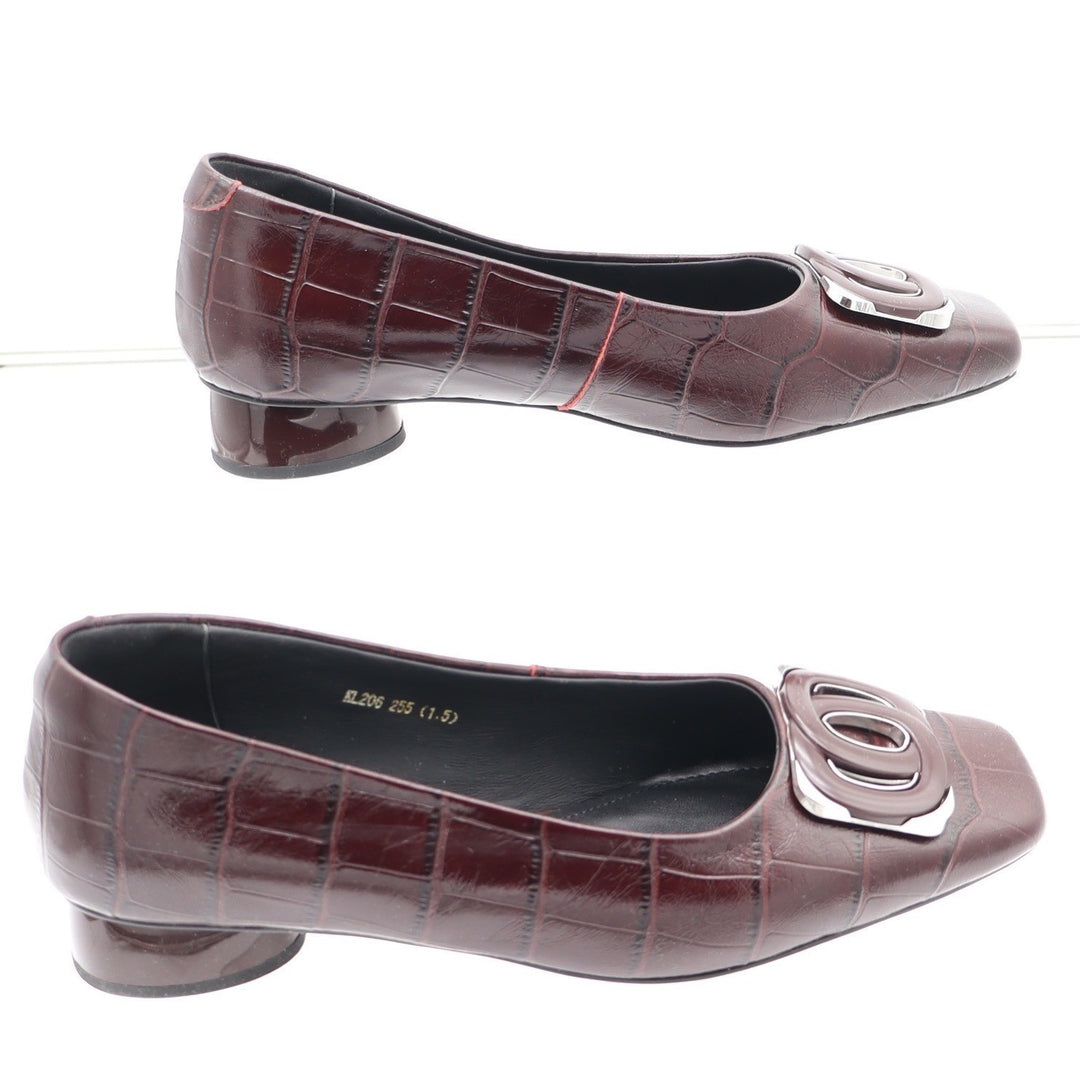 Vero Cuoio Burgundy Croc Embossed Leather Square Toe Buckle Low Block Heel 8
