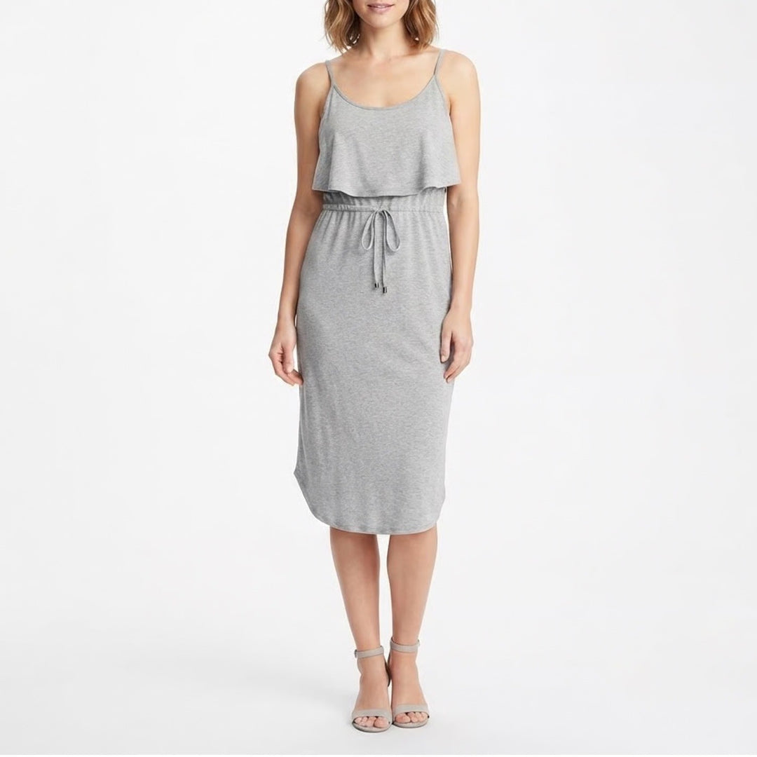 Emery Rose Heather Gray Cami Flounce Midi Dress Small Drawstring Waist Tulip Hem