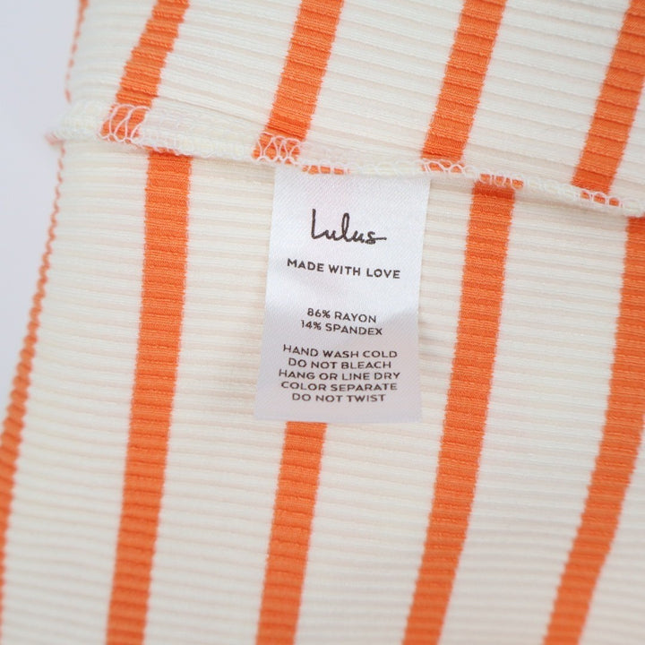 Lulus Chic Existence Midi Dress Womens M Ivory Orange Striped Ribbed Backless