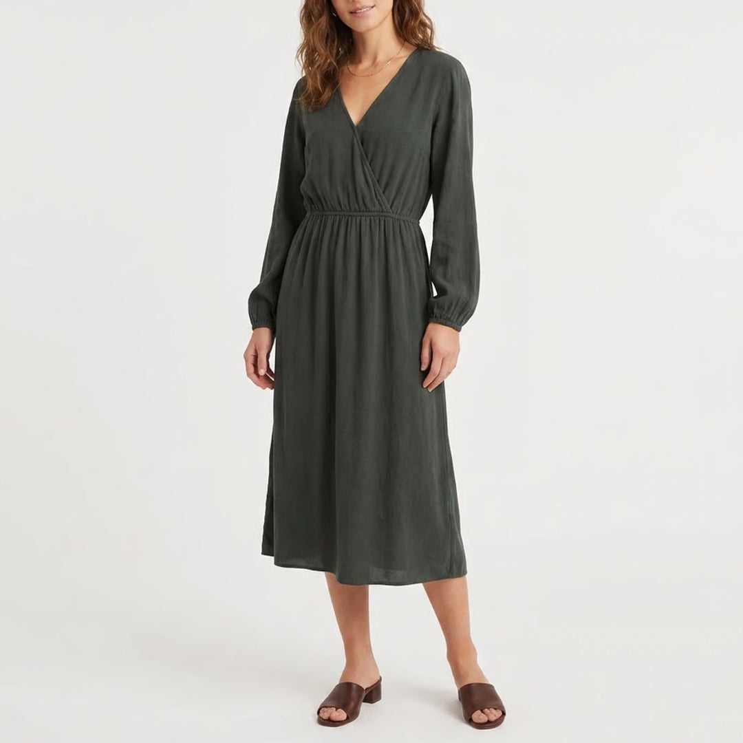 Bella Dahl Dark Green Long Sleeve Midi Dress V-Neck Elastic Waist M