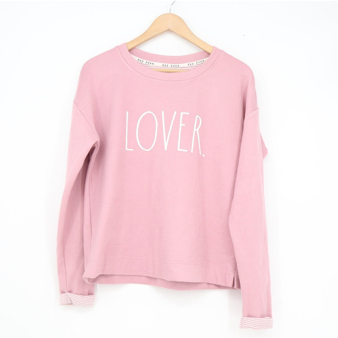 Rae Dunn Lover Pink Graphic Sweatshirt Womens Small Striped Trim Pullover