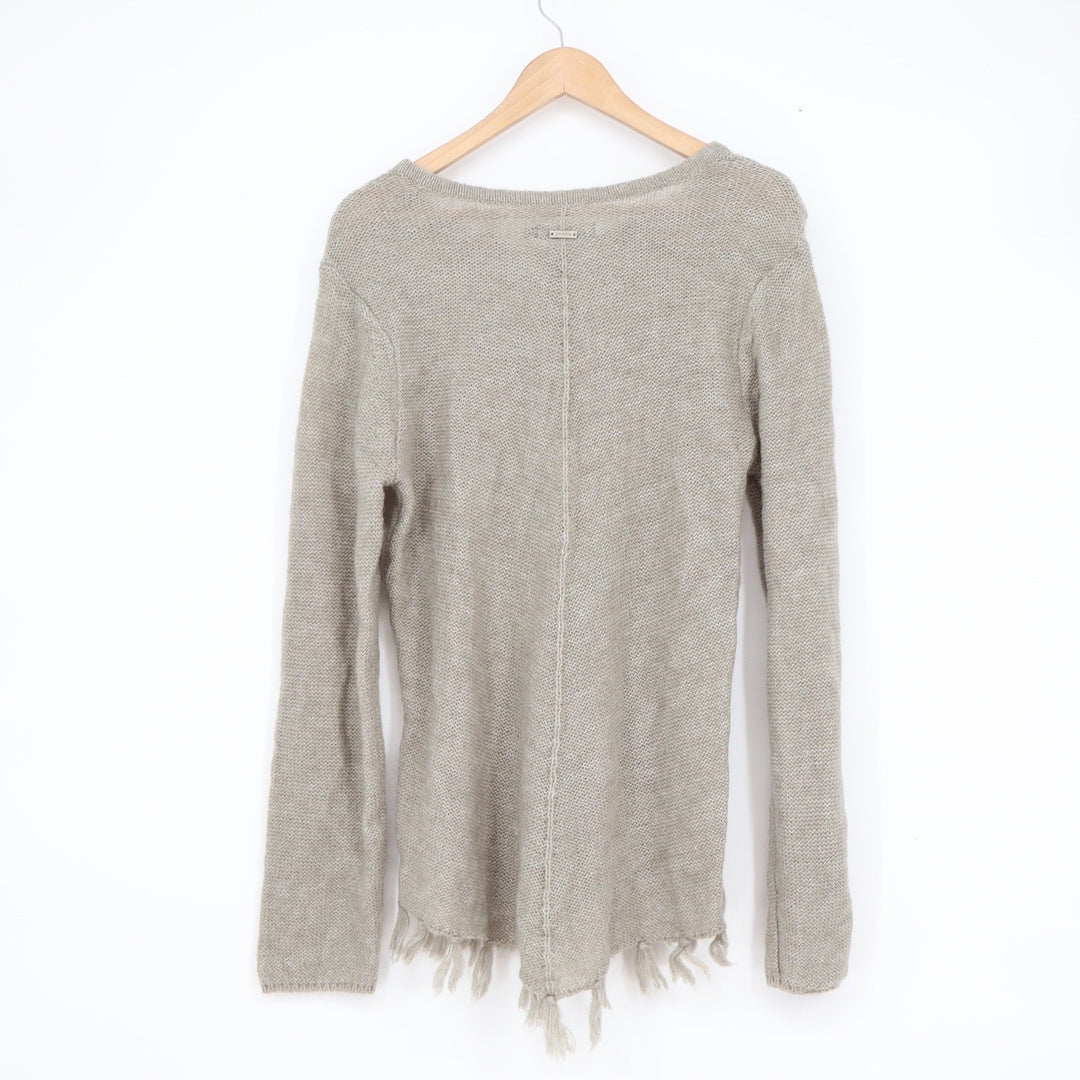 Prana Womens Oatmeal Beige Cable Knit Wool Blend Fringe Cardigan Sweater Size L
