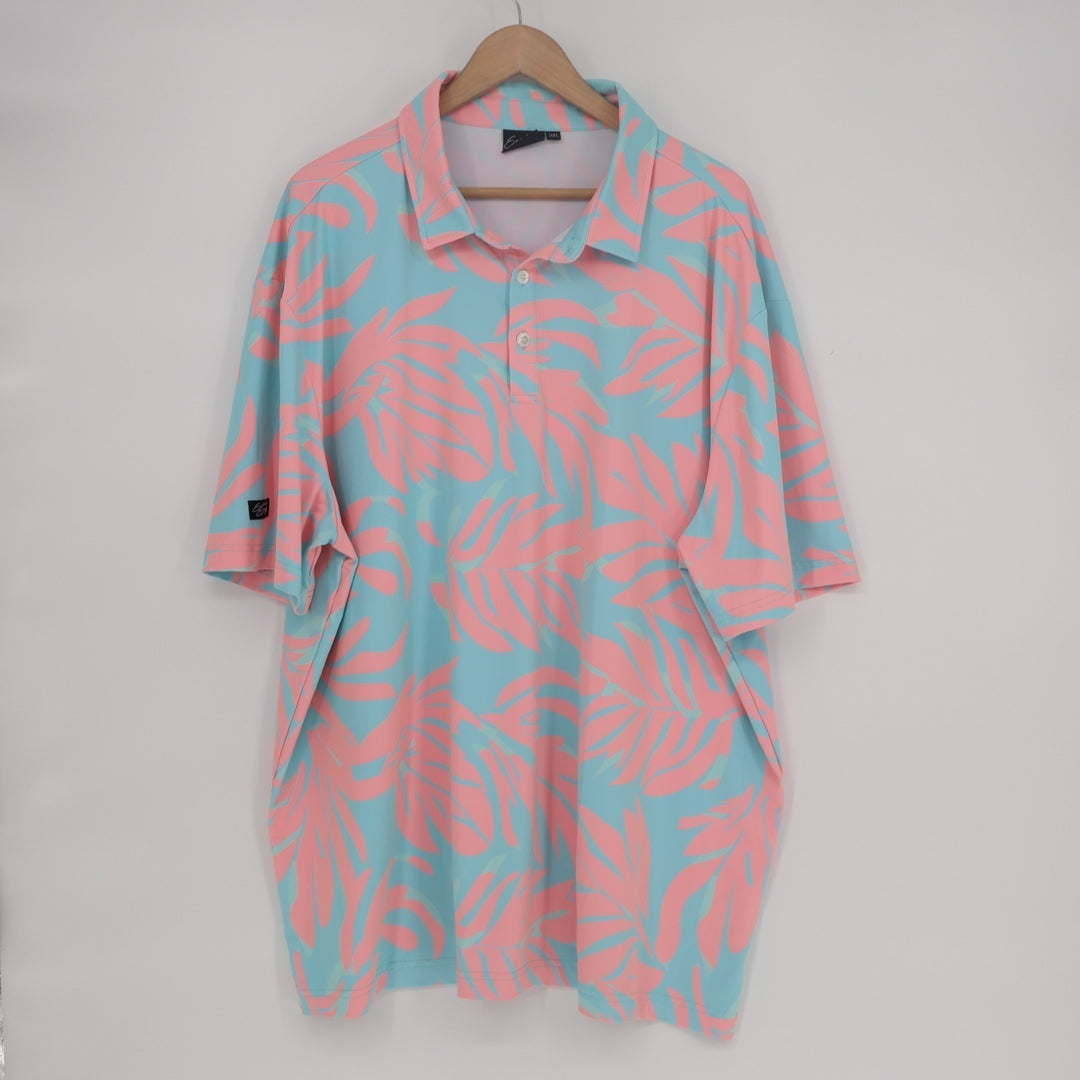 Sunday Swagger Polo Shirt Mens 3XL Blue Pink Tropical Leaf Golf Tennis Stretch