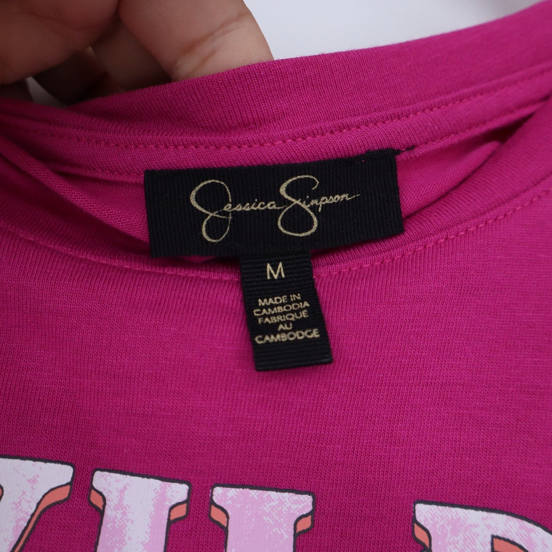 Jessica Simpson Graphic Tee Womens M Wild West Pink Cuffed Cap Sleeve Excellent