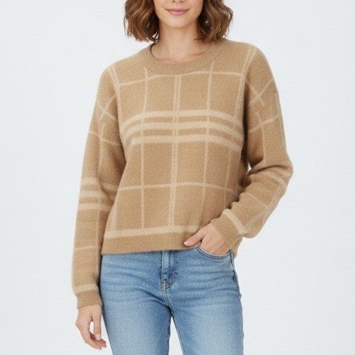 Sweater Womens Large Brown Plaid Wool Knit Round Neck Long Sleeve Streetwear