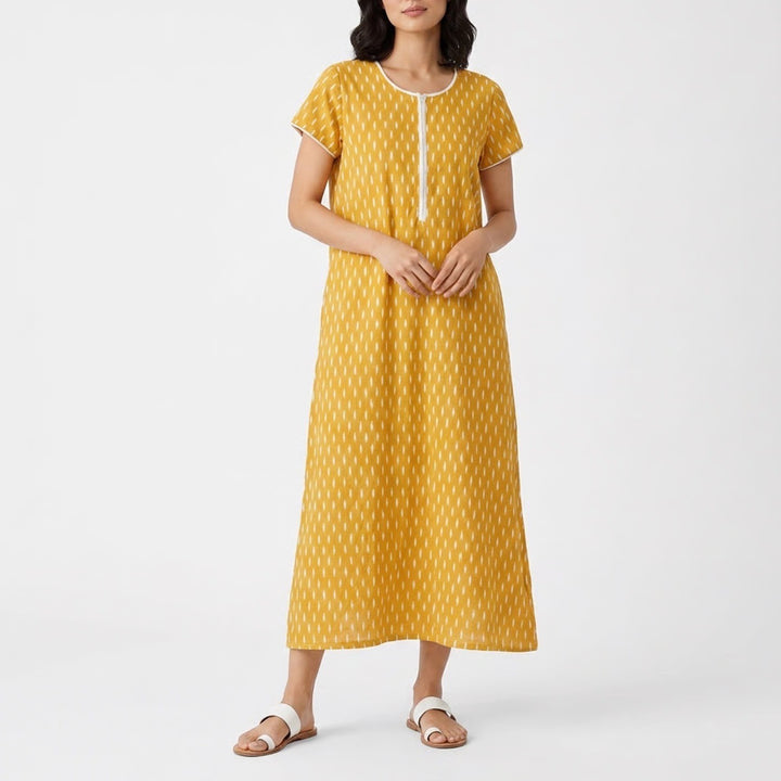 Shafali Mustard Yellow Ikat Print Maxi Dress XL Short Sleeve Zipper Front Kaftan