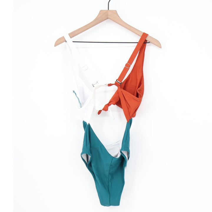 Colorblock Cutout One Piece Swimsuit Orange White Teal High Leg Front Tie Large