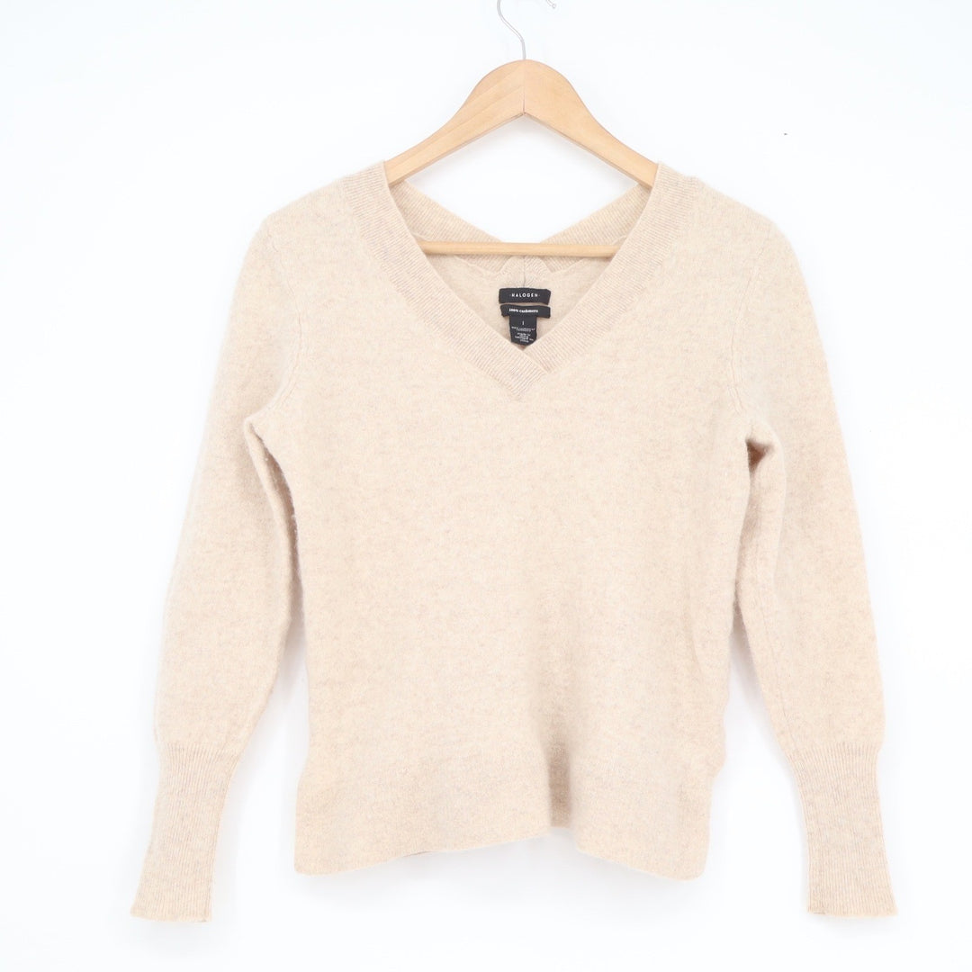 Halogen Womens 100% Cashmere V-Neck Sweater Beige Oatmeal Size 1 Long Sleeve