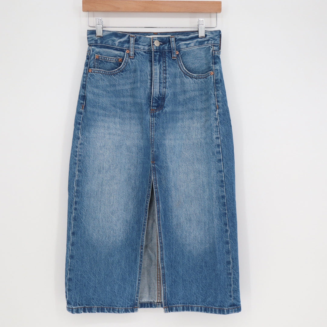 Denim Forum Aritzia The 90s Halle Skirt Medium Wash Blue Cotton Midi Slit 25