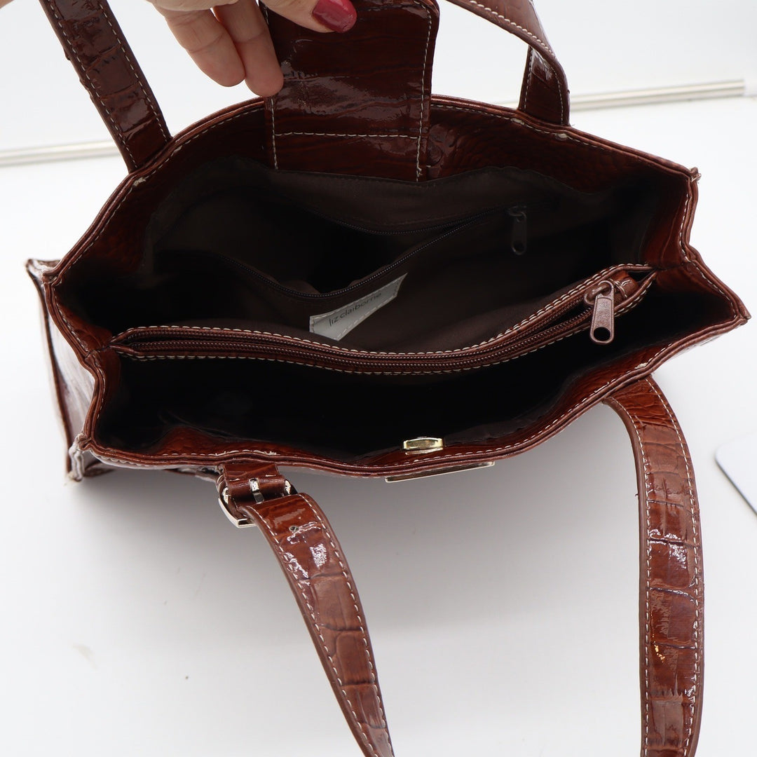 Liz Claiborne Tote Bag Women's Large Croc Embossed Brown Patent Faux Leather