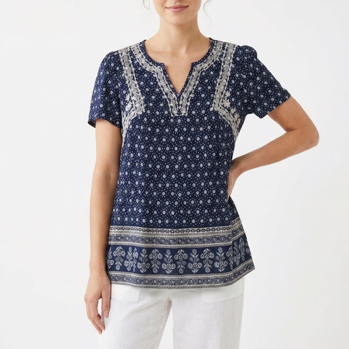 Knox Rose Tunic Top Women Medium Navy Floral Embroidered Short Sleeve Split Neck