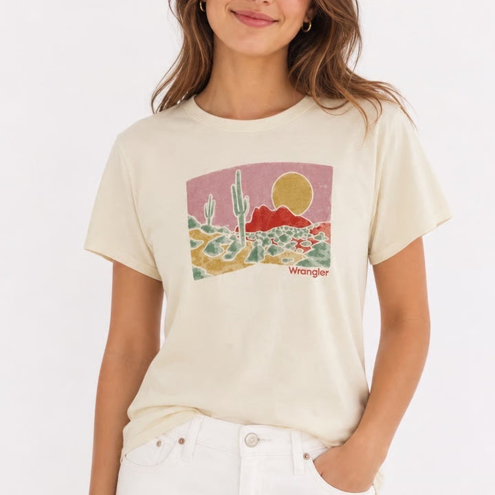 Wrangler Mens Desert Cactus Graphic Tee Cream Cotton Short Sleeve Shirt Large