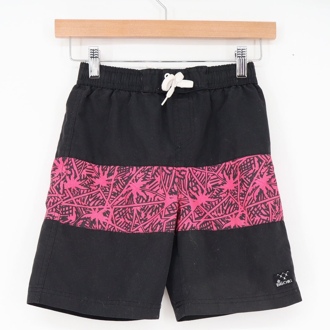 Big Chill Swim Trunks Boys 6 Black Pink Geometric Palm Excellent