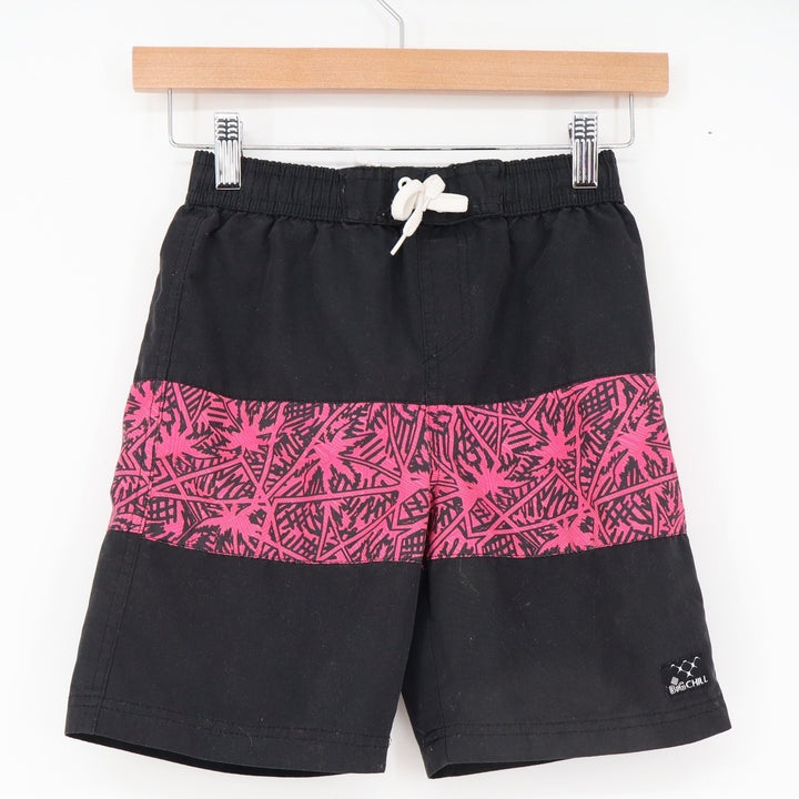Big Chill Swim Trunks Boys 6 Black Pink Geometric Palm Excellent