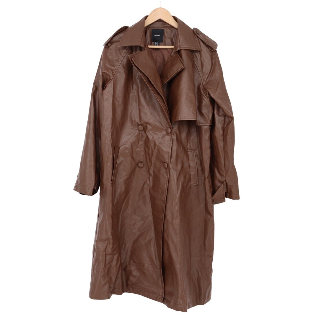Forever 21 Trench Coat Womens Large Faux Leather Brown Longline Excellent